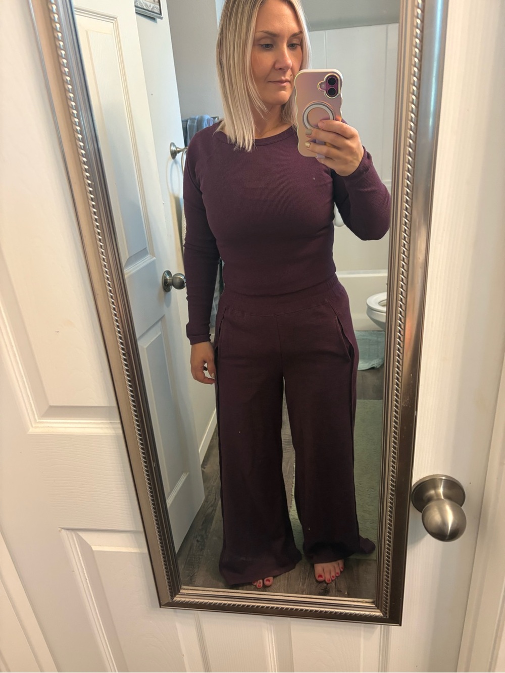 Sundry Wide-Leg Knit Pant & Top Set in Deep Plum